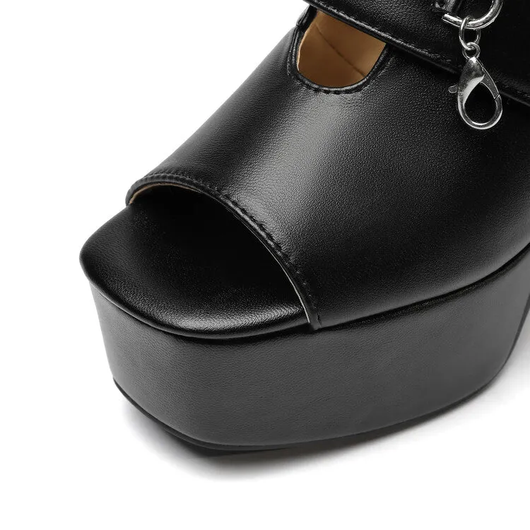 Women's Solid Color Peep Toe Mules Platform Chunky Heel Sandals