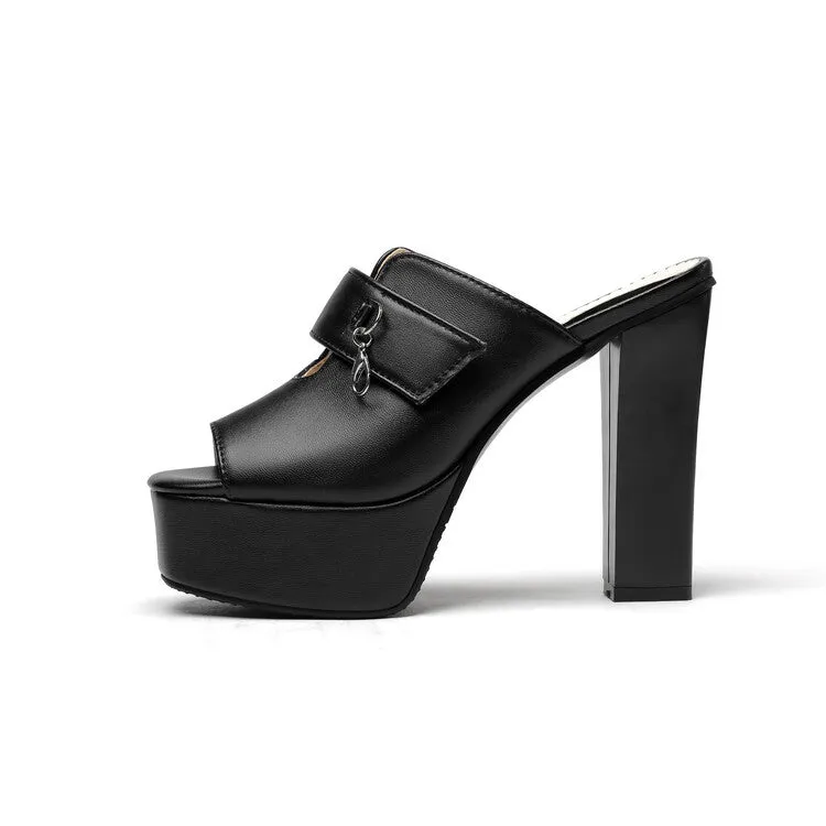 Women's Solid Color Peep Toe Mules Platform Chunky Heel Sandals