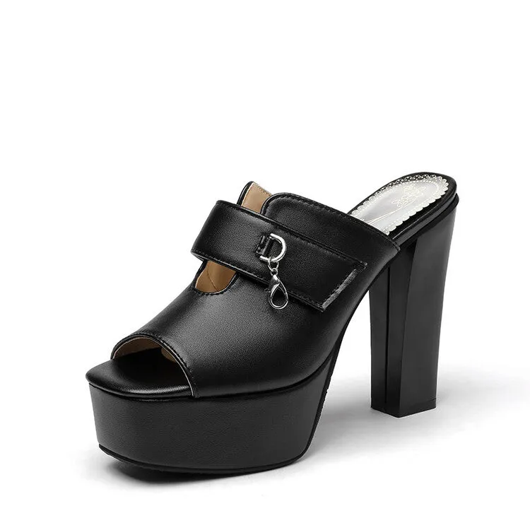 Women's Solid Color Peep Toe Mules Platform Chunky Heel Sandals