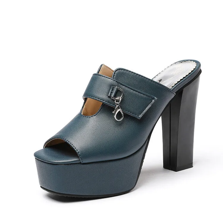 Women's Solid Color Peep Toe Mules Platform Chunky Heel Sandals