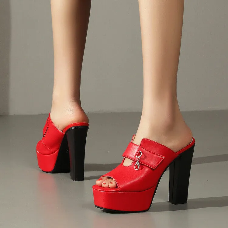 Women's Solid Color Peep Toe Mules Platform Chunky Heel Sandals