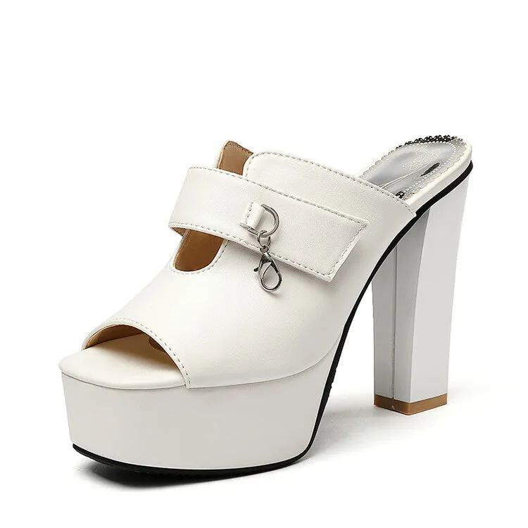 Women's Solid Color Peep Toe Mules Platform Chunky Heel Sandals