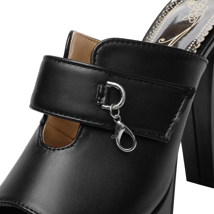 Women's Solid Color Peep Toe Mules Platform Chunky Heel Sandals