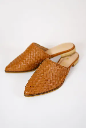 Woven Leather Mules, CAMEL