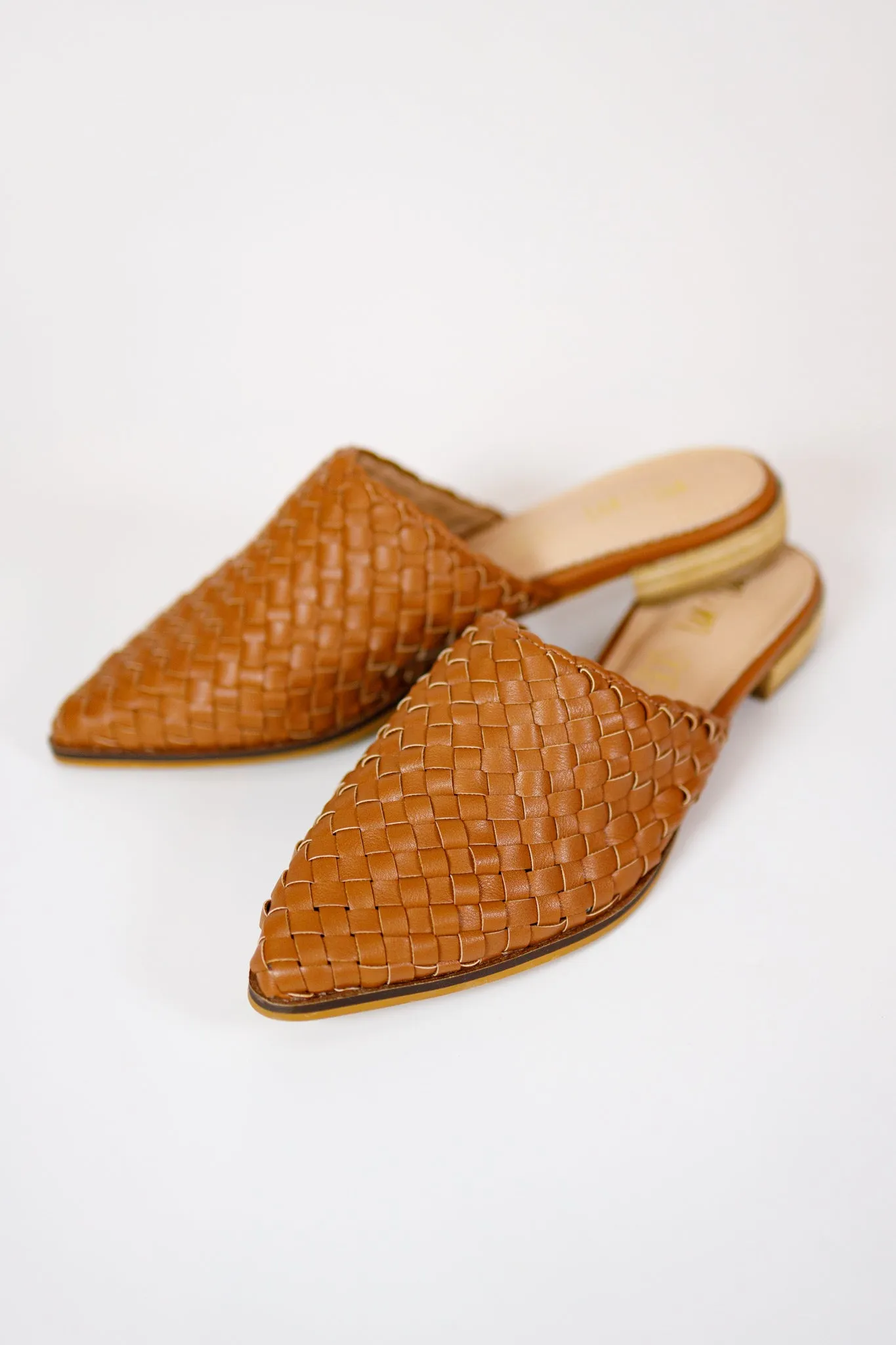 Woven Leather Mules, CAMEL