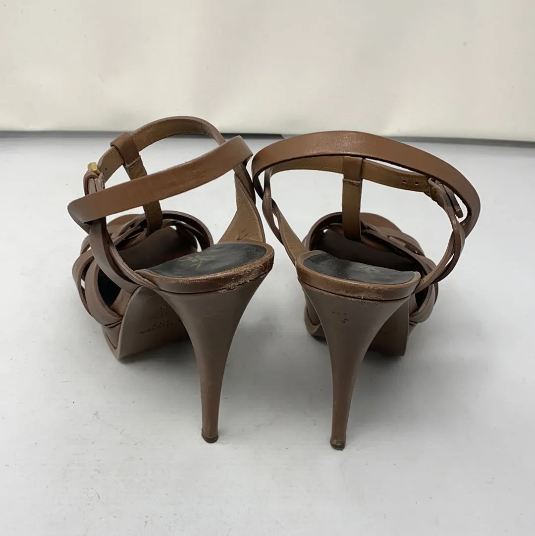 YSL Tan Leather Tribute Platform Heel