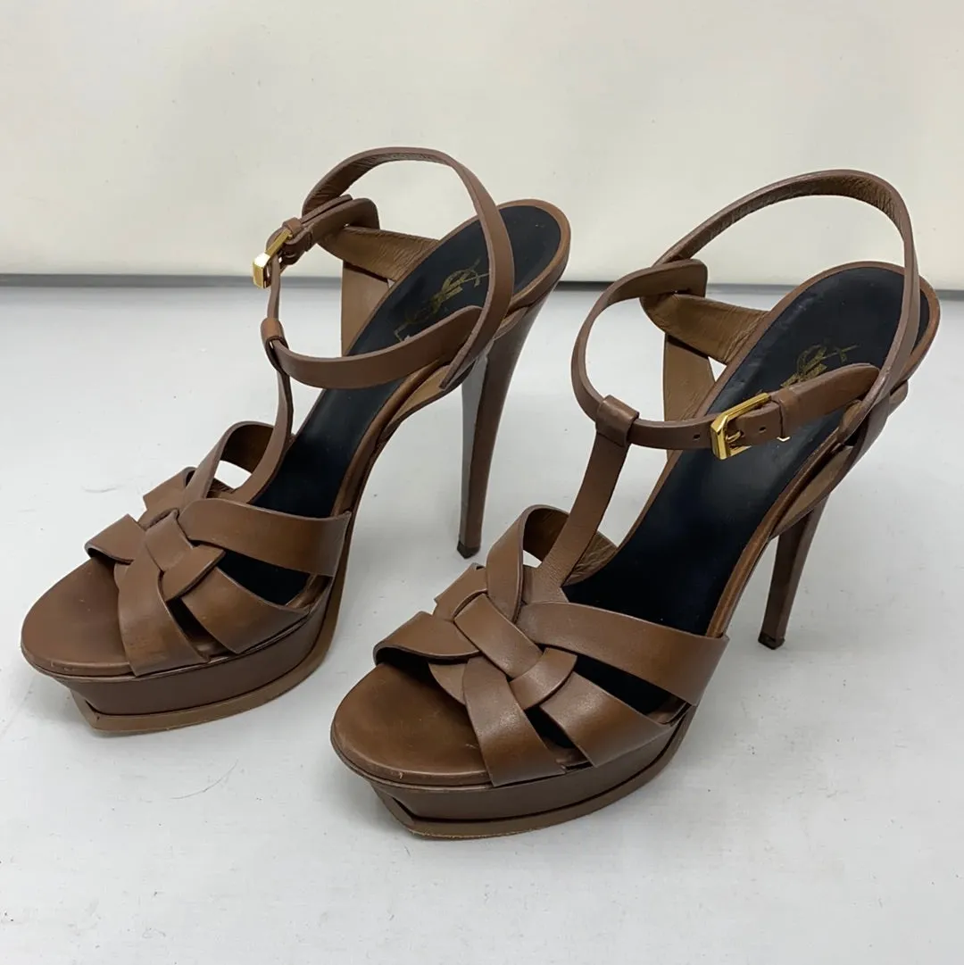 YSL Tan Leather Tribute Platform Heel