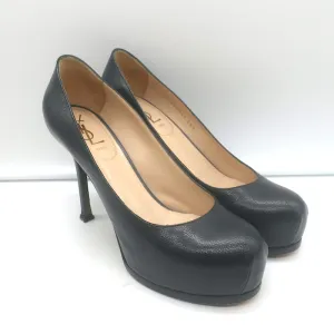 Yves Saint Laurent Tribtoo Platform Pumps Black Textured Leather Size 38.5
